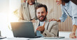 © DavidsPrime/peopleimages.com - Excited, man and team with laptop in meeting for campaign launch success, good news or update. Tech, people and happy male manager in digital marketing for ad performance, positive feedback and goals