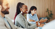 © DavidsPrime/peopleimages.com - Attention, audience and meeting with business woman in boardroom for development or education. Listening, smile and workshop with corporate employee at table in office for seminar or upskill training