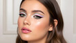 © Zobia - Creative Beauty Portrait of a Young Woman with Pastel Graphic Eyeliner and Glossy Pink Lips. High Fashion Makeup Trends Featuring Mint and Pink Liner with Glowing Skin. Artistic Cosmetics Photography