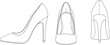 © PORI  - Elegant high heel pumps outline drawing set, flat vector illustration of women stiletto shoes isolated on white background