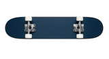A plain dark blue skateboard with silver trucks and white wheels is shown from a top-down perspective, isolated on transparent background