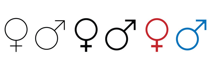  Set of female and male gender symbols. thin and thick line strokes including red and blue colored icons. venus and mars astronomical signs.