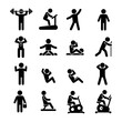 © Sakila - Set of black silhouette icons depicting various fitness activities and exercises performed by individuals in different poses and actions