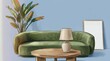 © DhanaStudio - Cozy living room interior with green sofa, wooden table, lamp, and plant illustration