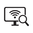 © bibin - A computer monitor with a Wi-Fi signal icon and a magnifying glass. Represents network searching, wireless signal strength analysis, internet troubleshooting, and connectivity scanning.