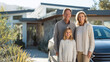 © Broccolini - happy family standing by car in front of modern luxury home, smiling parents with daughter outdoors near new house and vehicle, portrait of successful family in bright sunny residential drive