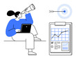 © robu_s - Business management, data analysis, goal setting, targeting, strategy, performance tracking. Person with a laptop using a telescope, tracking charts and a target. Data analysis and goal setting