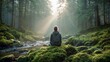 © VeretiLab - Person meditating in a lush green forest with sunbeams streaming through the trees
