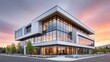 © VeretiLab - Modern glass office building exterior at sunset with dramatic sky and mountain backdrop