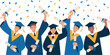 © Creative design - Happy group of graduates celebrating graduation ceremony vector illustration with students in caps, gowns, and colorful confetti