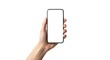 © kinomaster - Close up of teenager hand holding modern smartphone with empty white screen on clean white background, ideal mockup for mobile app, website or social media design. Generative AI.