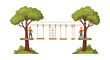 © Ikhbal - Two people on platforms in an adventure rope course between two large trees, featuring various suspended obstacles like planks and a net bridge.