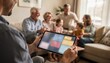 © Justlight - Agent adjusting shared data settings on a tablet with a large family gathered in the background the main focus on the devices screen showing group plan options.