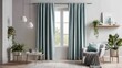 © Deepwood - Serene living room with teal curtains, armchair, and lush indoor plants