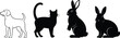 © Sakill_Pro - Black and white vector silhouettes of domestic pets including a dog, cat, and two rabbits, isolated on white background icons