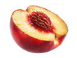 © MstRahima - A halved peach with pit and vibrant red skin isolated on transparent background
