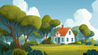 © Qaqas - Cartoon vector illustration modern cottage house among trees in the green countryside field outside of the town.