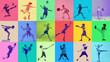 © master1305 - Bright duotone kids sports composition in colorful grid layout with expressive studio action poses. Concept of active youth lifestyle, multi sport training and modern children fitness branding.