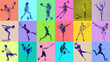 © master1305 - Vibrant duotone kids sports collage in bold color blocks with energetic studio action poses. Concept of active childhood lifestyle, youth athletic training and modern sport branding visuals.