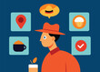 © Miraz10 - Man in a red hat holds a device, viewing digital app icons for location, food, and a checkmark.