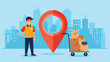 © Mahin - Friendly delivery courier in uniform stands next to a large red location pin and a trolley loaded with brown cardboard boxes for transport.