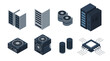 © tareq - Isometric icons of various server and computer components, including server racks, cooling fans, hard drives, and a central processing unit (CPU) chip for data center and IT infrastructure.