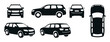 © David - Set of black station wagon car icons showing different views including front, side, back, top, and perspective for transportation design elements in a minimalist graphic style