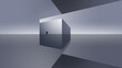 © master1305 - Minimalist artwork lone figure approaching monumental white architectural cube. Concept of real estate launch, premium residential project presentation and architectural investment opportunity.