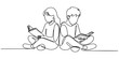 © Creative Tania - Children read book continuous one line drawing. Continuous single drawn one line boy and girl reading book drawn by hand picture silhouette. Line art. Back to school concept.