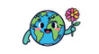 © Up - Cartoon illustration of a smiling Earth character holding a colorful flower against a plain white background with a cheerful mood.