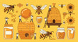 © MinixT - A sweet vector illustration set about apiculture, featuring tiny beekeepers working with bees, a large beehive, and jars of golden honey.