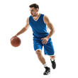 © AUM - Basketball Player Dribbling Blue Ball on Black Background male athlete isolated on a transparent background