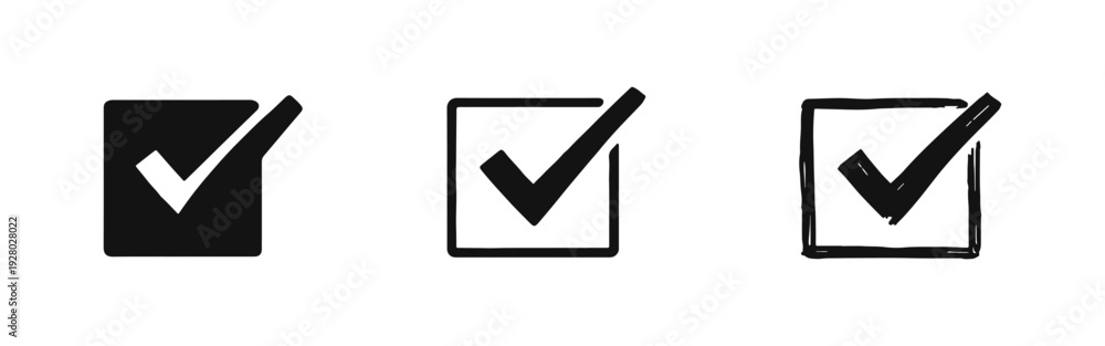 Checkmark in box icons set. Approved, done, and confirmed symbols for ...