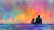 © Manasanan Wongchoomp - Watercolor illustration of a father and child sitting together, watching a vibrant abstract sky, conveying family bonding, calm mindfulness, and warm emotional connection with ample copy space.