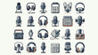© Me Noviar - Professional audio and podcast equipment icon set featuring microphones and headphones in a clean vintage aesthetic