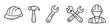 © Nort Kor - Hand-drawn construction and tool icon set featuring a hard hat, hammer, wrenches, and a worker. Simple black line art for DIY and industrial themes.