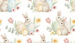 © Nataliia Kovtsun - Easter watercolor seamless pattern with cute bunnies, yellow chicks and decorated eggs.