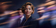 © Parisa - Smiling female leader in focus with diverse team streaking in violet and purple motion scene