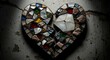 © Erana - Broken heart mosaic crafted from diverse materials on cracked surface.