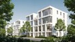 © PengAI - Modern white apartment buildings with large windows surrounded by greenery under a clear blue sky.