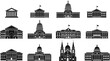 © SreeMoti - Government building icon set, courthouse capitol and state house architecture black silhouette vector illustration collection