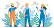 © Mr. Stocker - Diverse team of three industrial workers in yellow hard hats and overalls stand together with wrenches, surrounded by stylized gears and plant leaves in a flat vector illustration