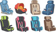 © Aminul - Set of child car safety seat vector illustrations featuring various booster seats infant carriers and convertible restraints for travel and parenting