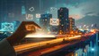 © 7sevenGr - 夜のスマートシティの夜景を背景に、スマートフォンから飛び出すメールのアイコンを指で操作するビジネスマンの手であり、デジタル通信やネットワーク技術、オンラインマーケティングのコンセプトを表現した高品質な未来的なイメージ。