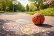 © justjupiter - A basketball lies on an outdoor court next to colorful chalk-drawn Easter eggs on a sunny day in a park.