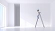©  Sheton - 밝고 미니멀한 하얀색 빈 방 안에서 파란색 안전모를 쓴 여성이 알루미늄 사다리 위에 올라가 벽면을 점검하거나 인테리어 공사를 준비하고 있는 전문적인 모습의 사진입니다.