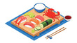 © Ahsan - Traditional sushi platter served on a wooden board with nigiri, cucumber rolls, avocado slices, a crab, rice bowl, and soy sauce.