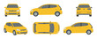 © David - Yellow hatchback car illustration set from different angles including front, side, rear, top, and perspective views in a flat graphic style