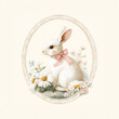 © Ginger_Cool_Art - Cute white easter rabbit with pink bow sitting among flowers in a round frame design, sticker or card