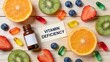 © Danish - Visual representation of vitamin deficiency concept surrounded by fresh fruits and colorful dietary supplement pills